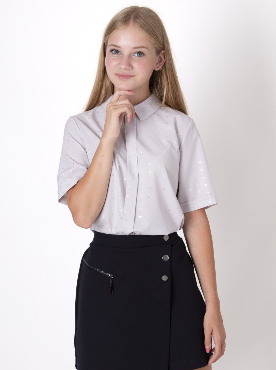 Блузка с коротким рукавом для девочки Mevis Сердечки серая 2660-01 - цена