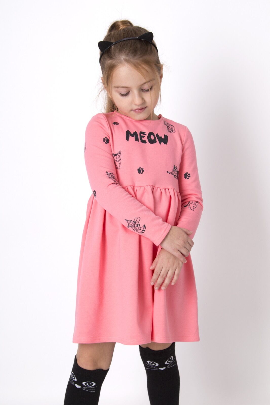 Теплое платье для девочки Mevis Котики персиковое 4902-01 - фото