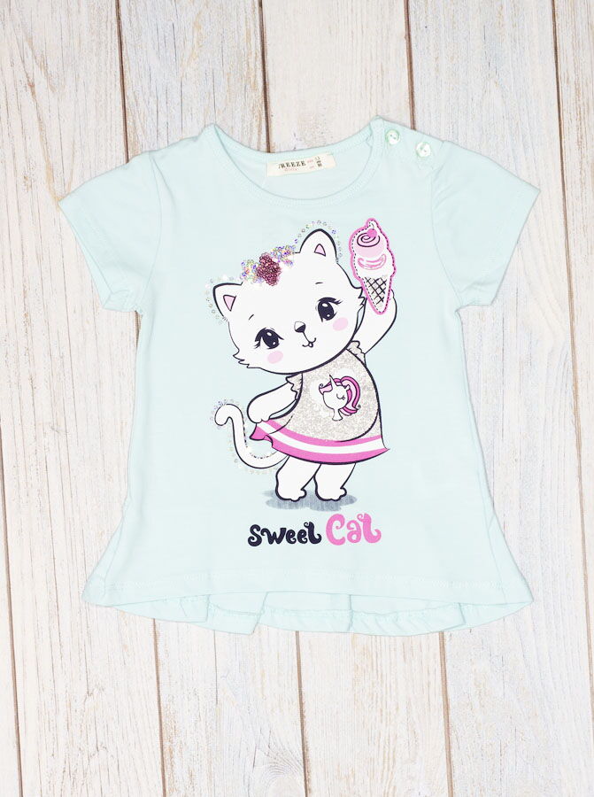 Футболка для девочки Breeze Sweet Cat голубая 14375 - цена