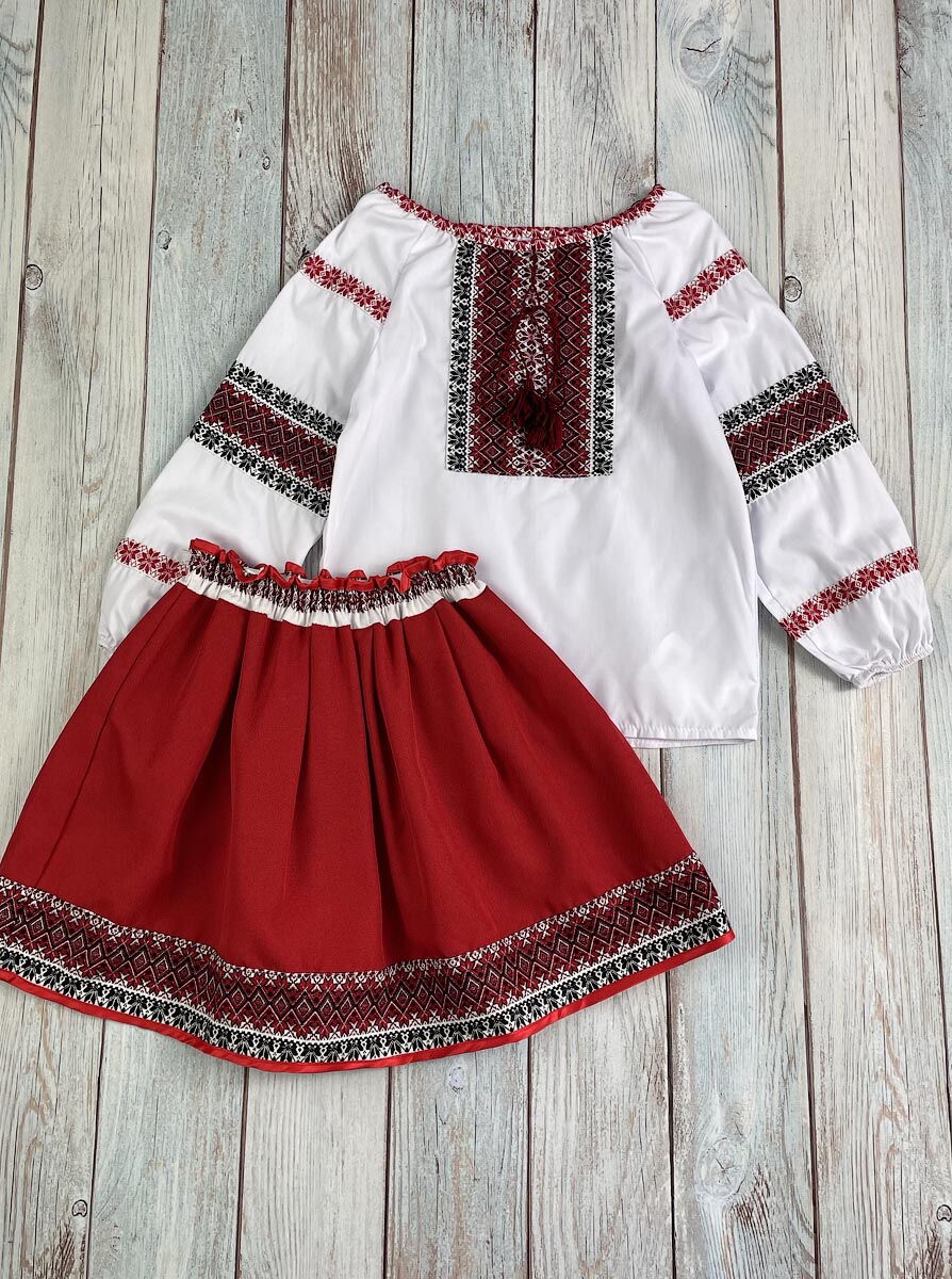 Комплект вышиванка и юбка для девочки с классическим узором красный 1614 - цена
