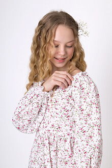 Платье для девочки муслин Mevis Цветочки белое с малиновым 5037-01 - размеры
