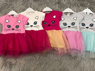 Платье для девочки Кошечка серое с розовым 002 - фото