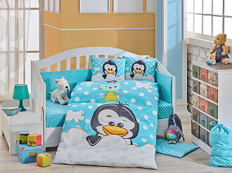 Комплект постельного белья в детскую кроватку HOBBY Penguin голубой 100*150/2*35*45 - цена