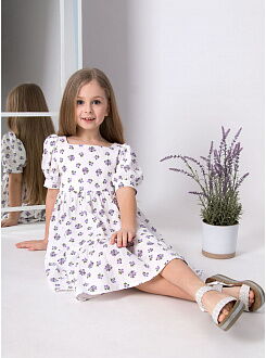 Платье для девочки муслин Mevis белое с сиреневым 5065-03 - фото