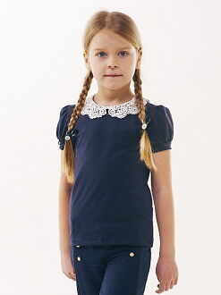 Блуза трикотажная с натуральным кружевом и коротким рукавом SMIL синяя 114637/114638 - цена