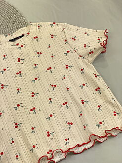 Летняя пижамка для девочки Mevis Вишенки бежевая 5039-02 - фотография