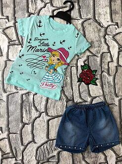 Комплект для девочки футболка и джинсовые шорты Девочка бирюзовый - цена