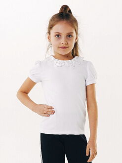Блуза трикотажная с натуральным кружевом и коротким рукавом SMIL белая 114637/114638 - цена