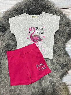 Комплект футболка и шорты для девочки Breeze Фламинго серый 15160 - фото