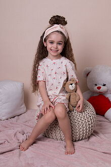 Летняя пижамка для девочки Mevis Вишенки бежевая 5039-02 - купить