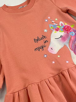 Трикотажное платье для девочки Mevis Единорог персиковое 4301-02 - фото