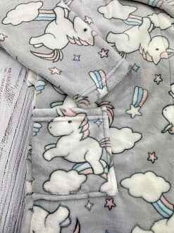 Теплый халат вельсофт для девочки Фламинго Единороги серый 883-910 - фото