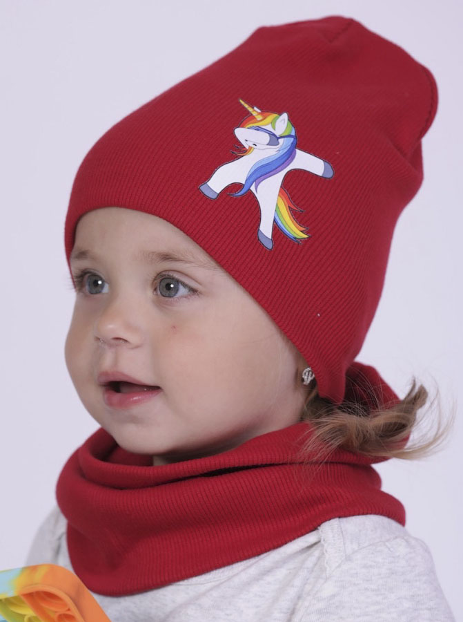 Комплект шапка і хомут для дівчинки Semejka Єдиноріг червоний 9317 - ціна