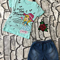 Комплект для дівчинки футболка і джинсові шорти Дівчинка бірюзовий - ціна