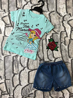 Комплект для дівчинки футболка і джинсові шорти Дівчинка бірюзовий - ціна